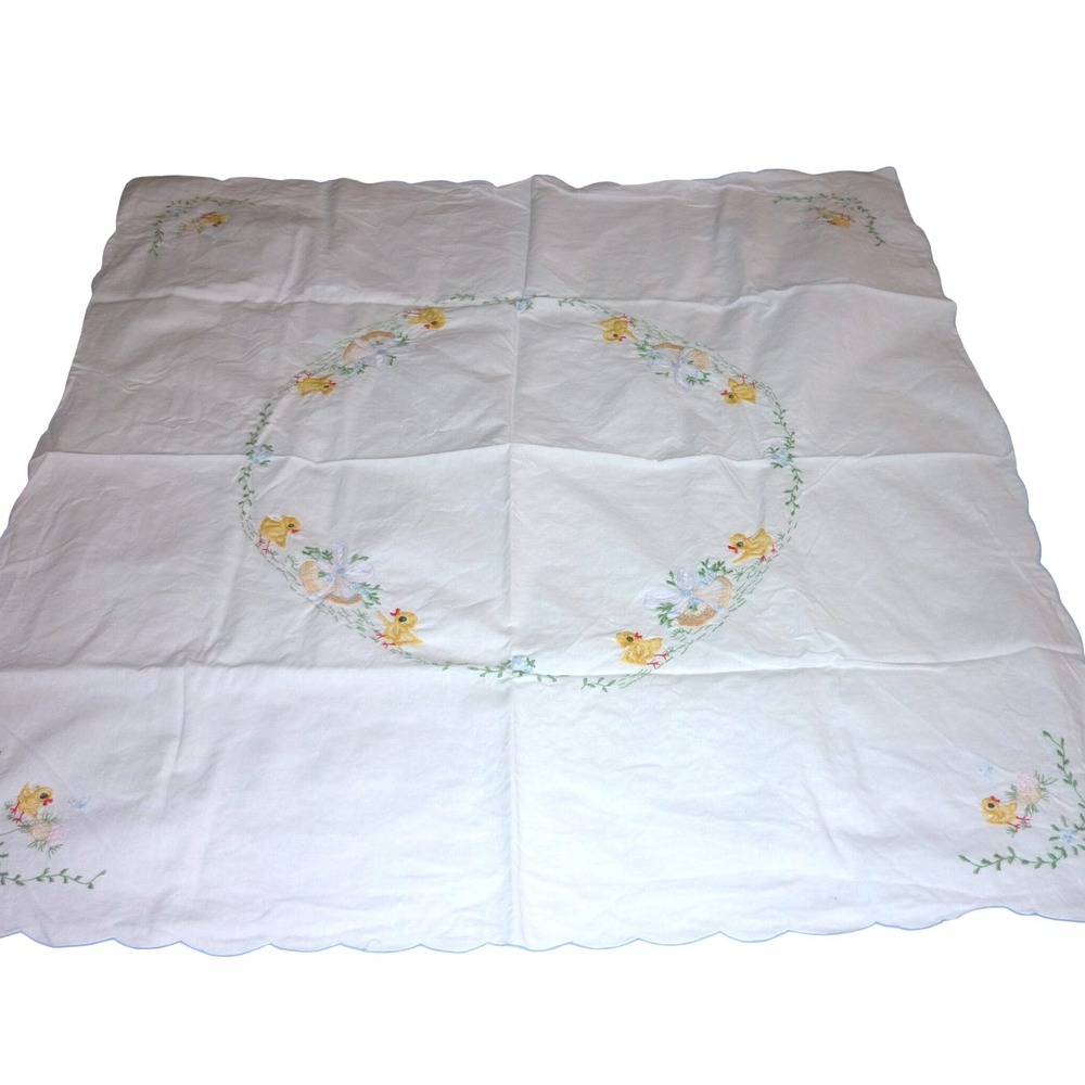 Vintage Easter Tablecloth Embroidered Chicks Eggs Scalloped Edge White Square